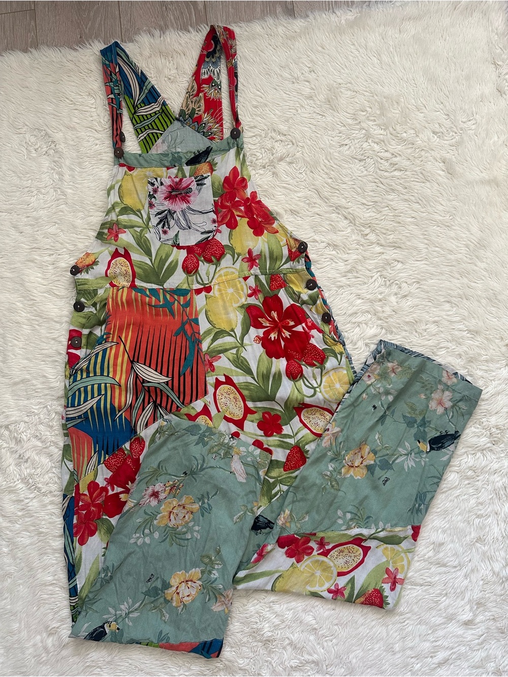 Sacred Threads Jumpsuit Patchwork Boho Overalls Hippie Floral Tropical Sz L/XL